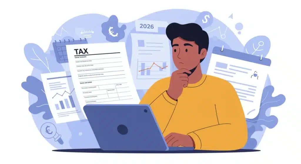 Self-employed person planning taxes for 2026, analyzing CARES Act implications on a digital tablet.