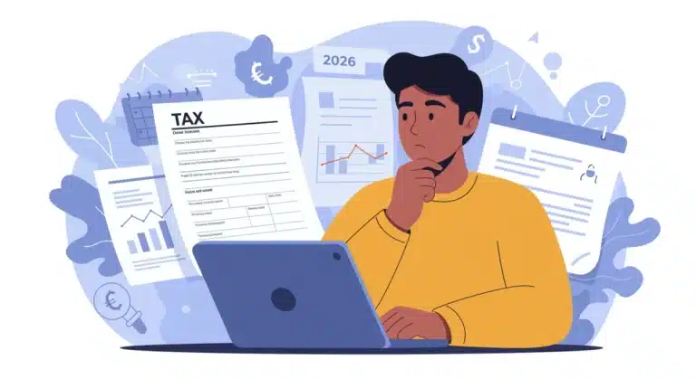 Self-employed person planning taxes for 2026, analyzing CARES Act implications on a digital tablet.