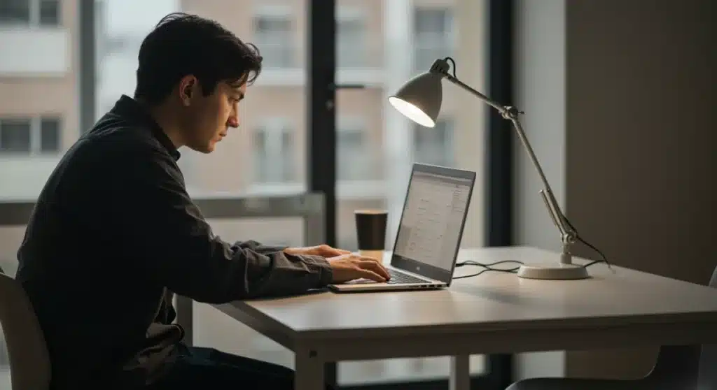 Person deeply focused on a single task on a laptop at a minimalist desk, embodying single-tasking.