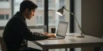 Person deeply focused on a single task on a laptop at a minimalist desk, embodying single-tasking.