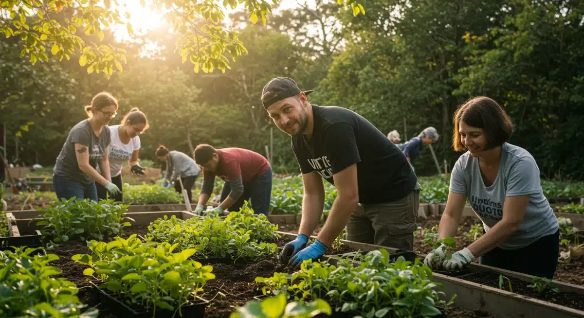 Digital nomad volunteering in a community garden with locals