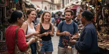 US digital nomads immersing in local culture at a vibrant market