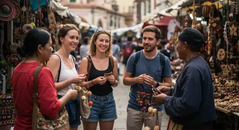 US digital nomads immersing in local culture at a vibrant market