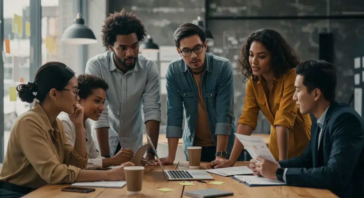 Self-employed entrepreneurs discussing 2026 tax strategies in a collaborative workspace.