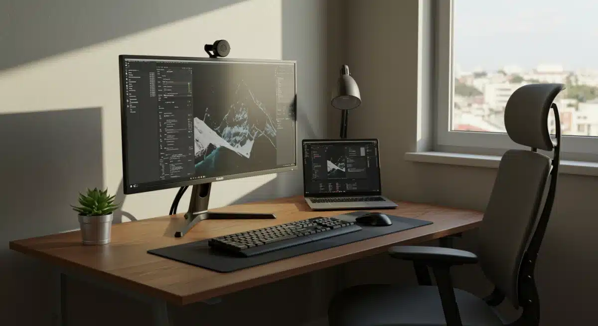 Ergonomic home office setup with external monitor and natural light