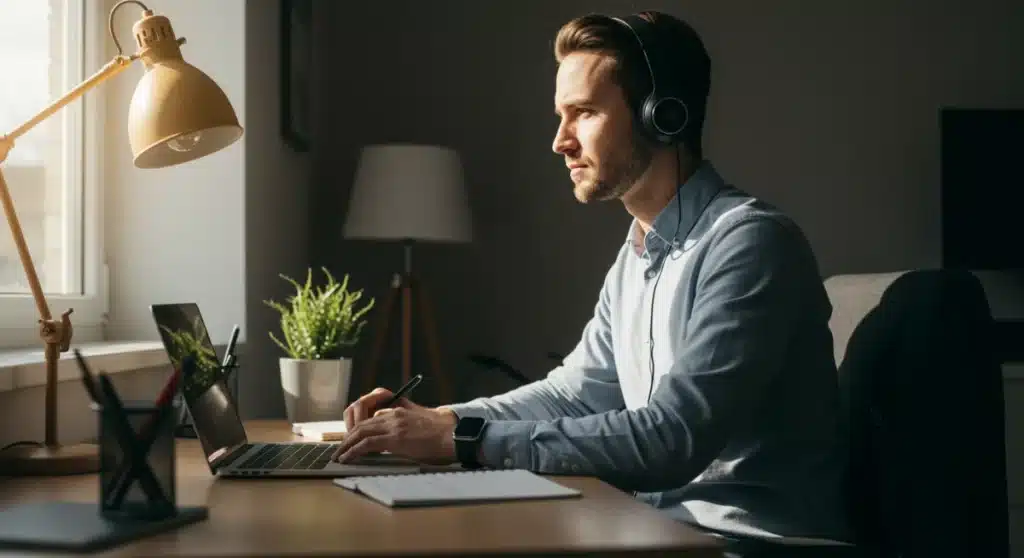 Focused remote professional working at home office desk