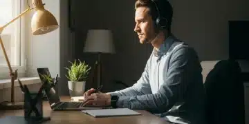 Focused remote professional working at home office desk