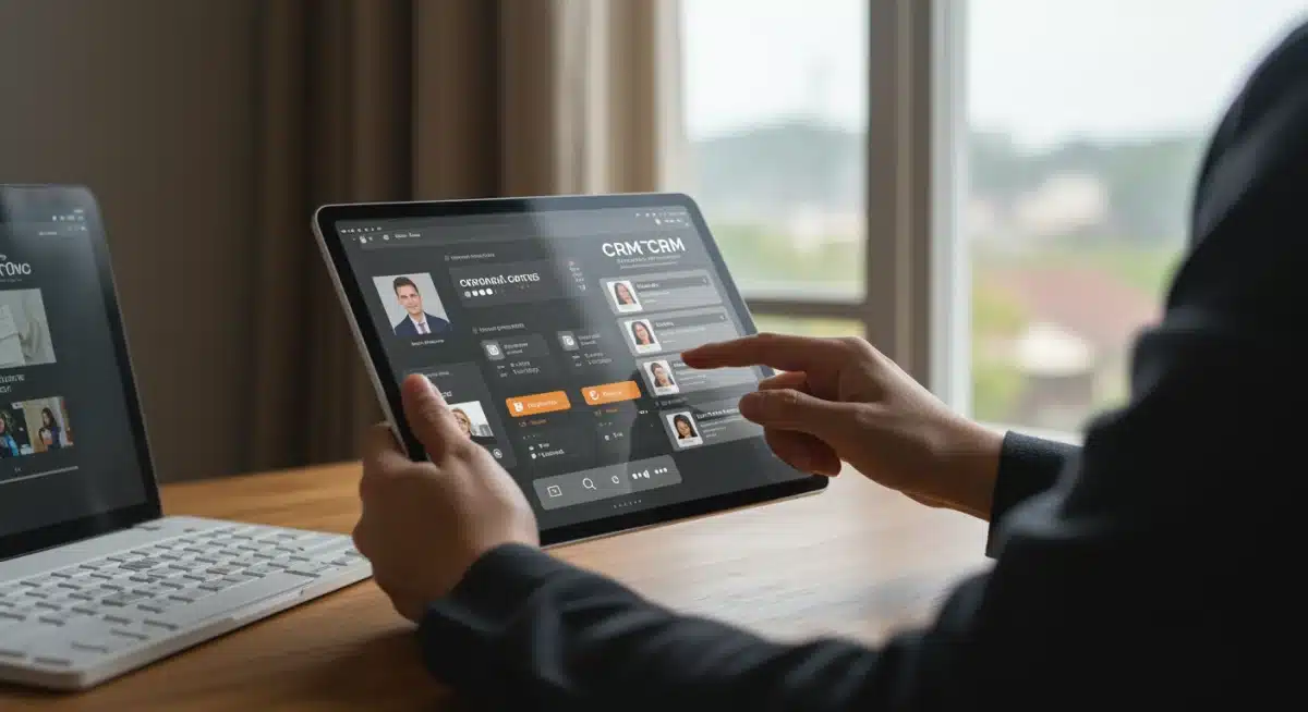 Freelancer using modern CRM interface on tablet