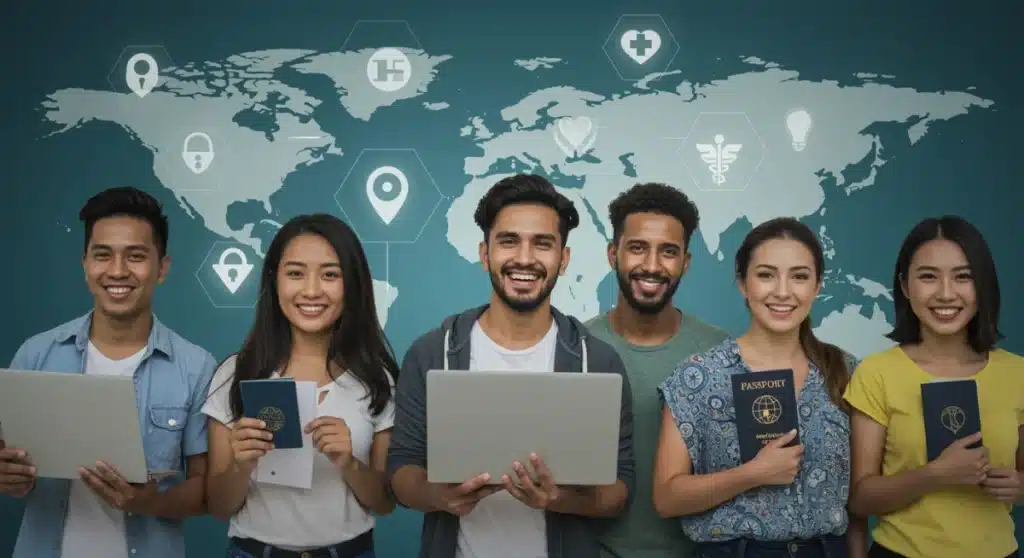 US digital nomads with laptops and passports, smiling in front of a world map, symbolizing global health insurance coverage.