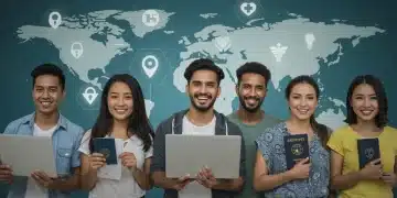 US digital nomads with laptops and passports, smiling in front of a world map, symbolizing global health insurance coverage.