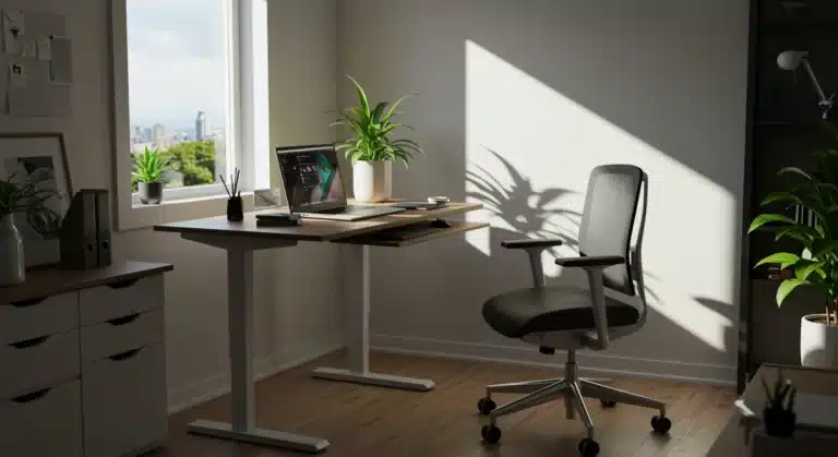 Optimized remote work setup with standing desk and ergonomic chair