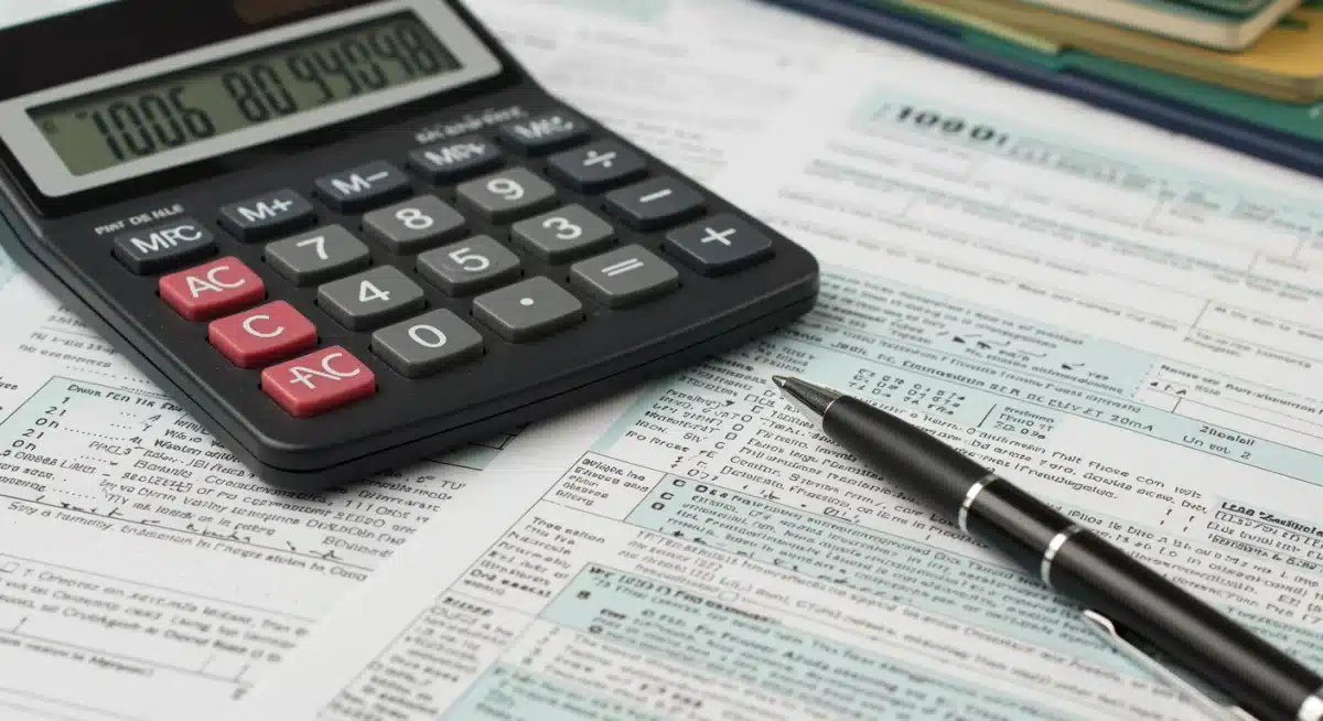 Calculator and tax forms for self-employed individuals, emphasizing detailed financial planning.
