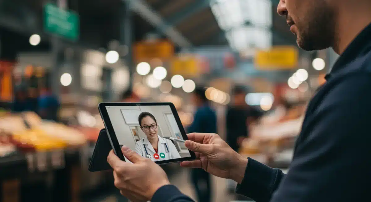 Digital nomad on a video call with a doctor, illustrating telemedicine and remote healthcare access.