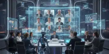 Professionals using advanced video conferencing tools with holographic displays