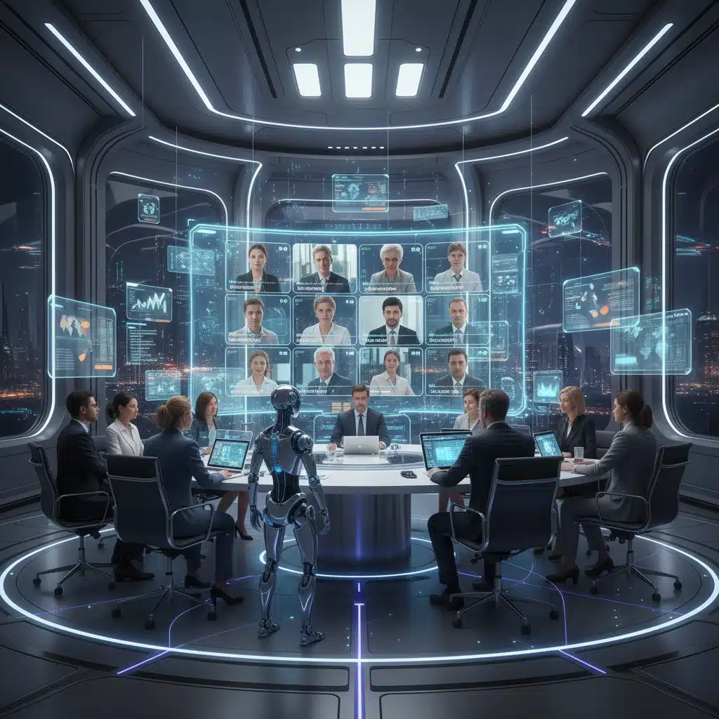 Professionals using advanced video conferencing tools with holographic displays