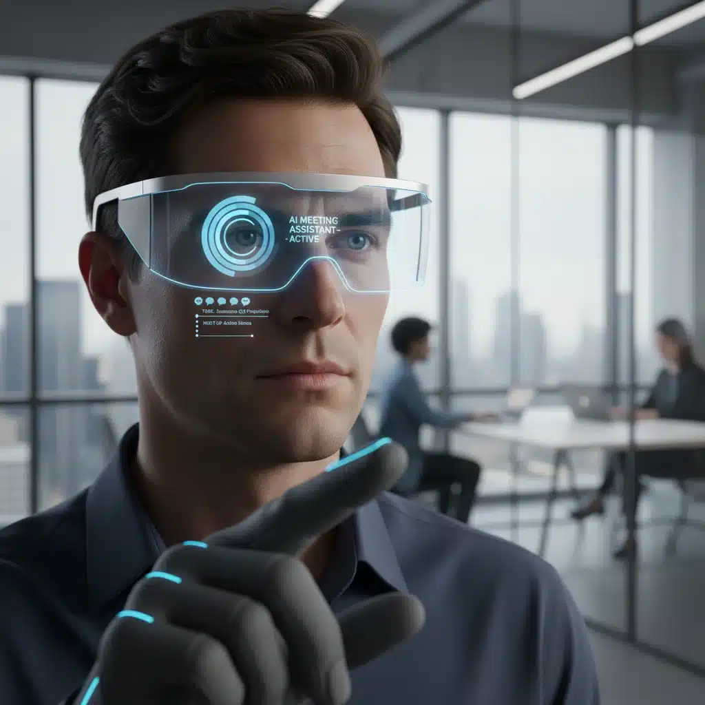 User interacting with AI meeting assistant via smart headset