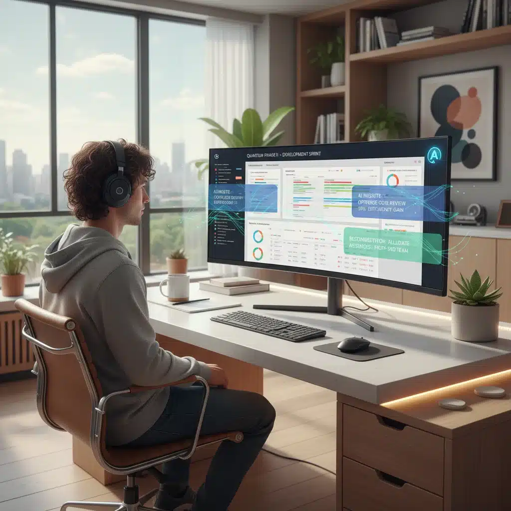 Person analyzing AI-powered project management dashboard in home office
