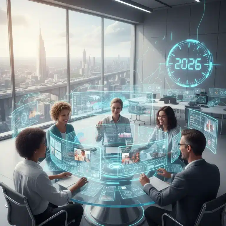 Diverse remote team collaborating with AI tools on futuristic screens