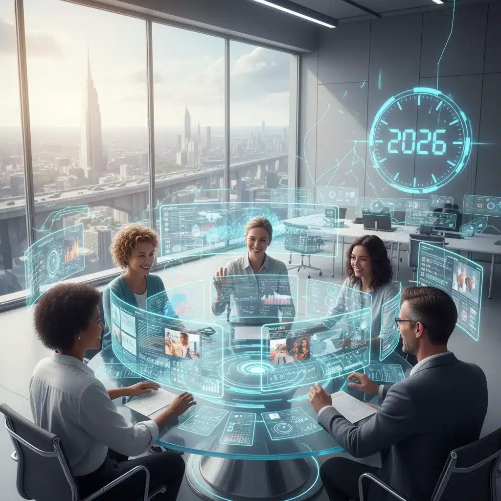 Diverse remote team collaborating with AI tools on futuristic screens