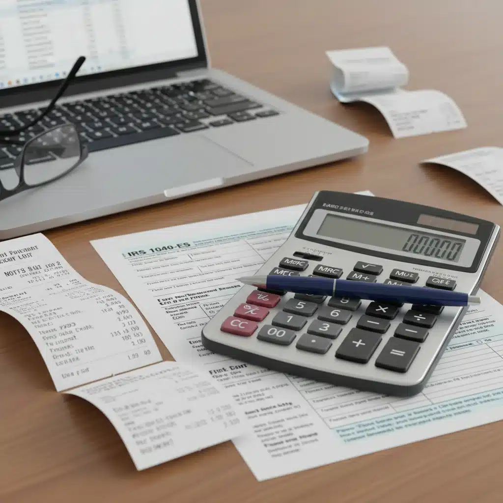 Calculator, pen, and IRS Form 1040-ES on a desk, symbolizing the process of calculating estimated tax payments.