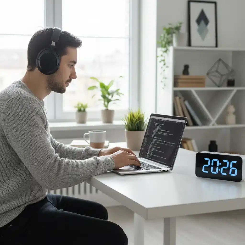 Focused individual practicing deep work in a modern remote office environment, enhancing productivity.