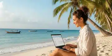 Digital Nomad Hacks 2026: Essential Travel Tips for US Nomads Digital nomad working remotely on a beach in a tropical paradise, symbolizing freedom and productivity.