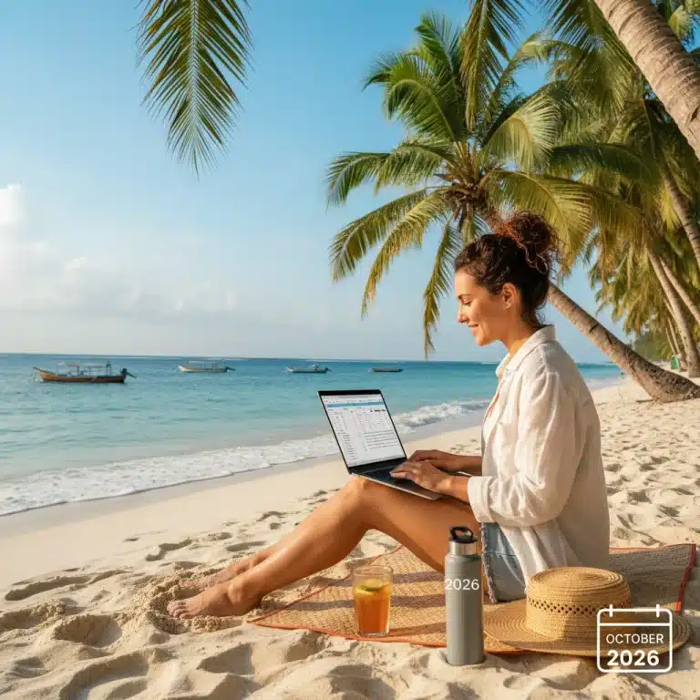 Digital nomad working remotely on a beach in a tropical paradise, symbolizing freedom and productivity.