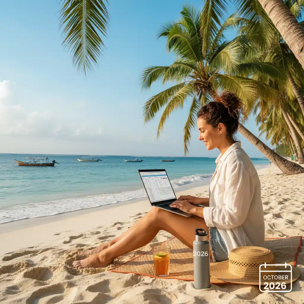 Digital nomad working remotely on a beach in a tropical paradise, symbolizing freedom and productivity.