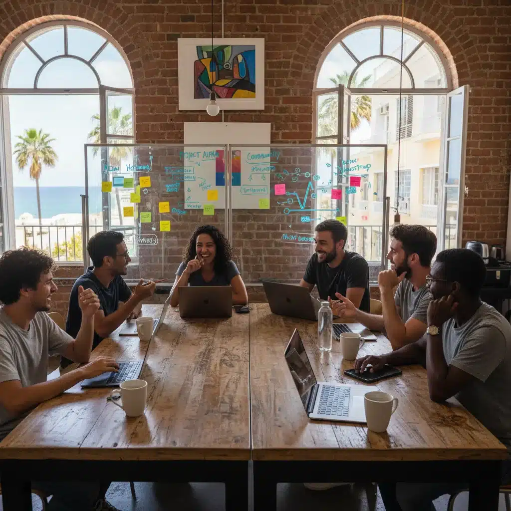 Diverse group of digital nomads networking and collaborating in a vibrant co-working space.