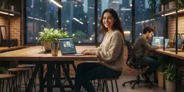 Digital nomad working on a laptop in a modern US co-working space.