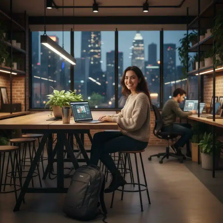 Digital nomad working on a laptop in a modern US co-working space.