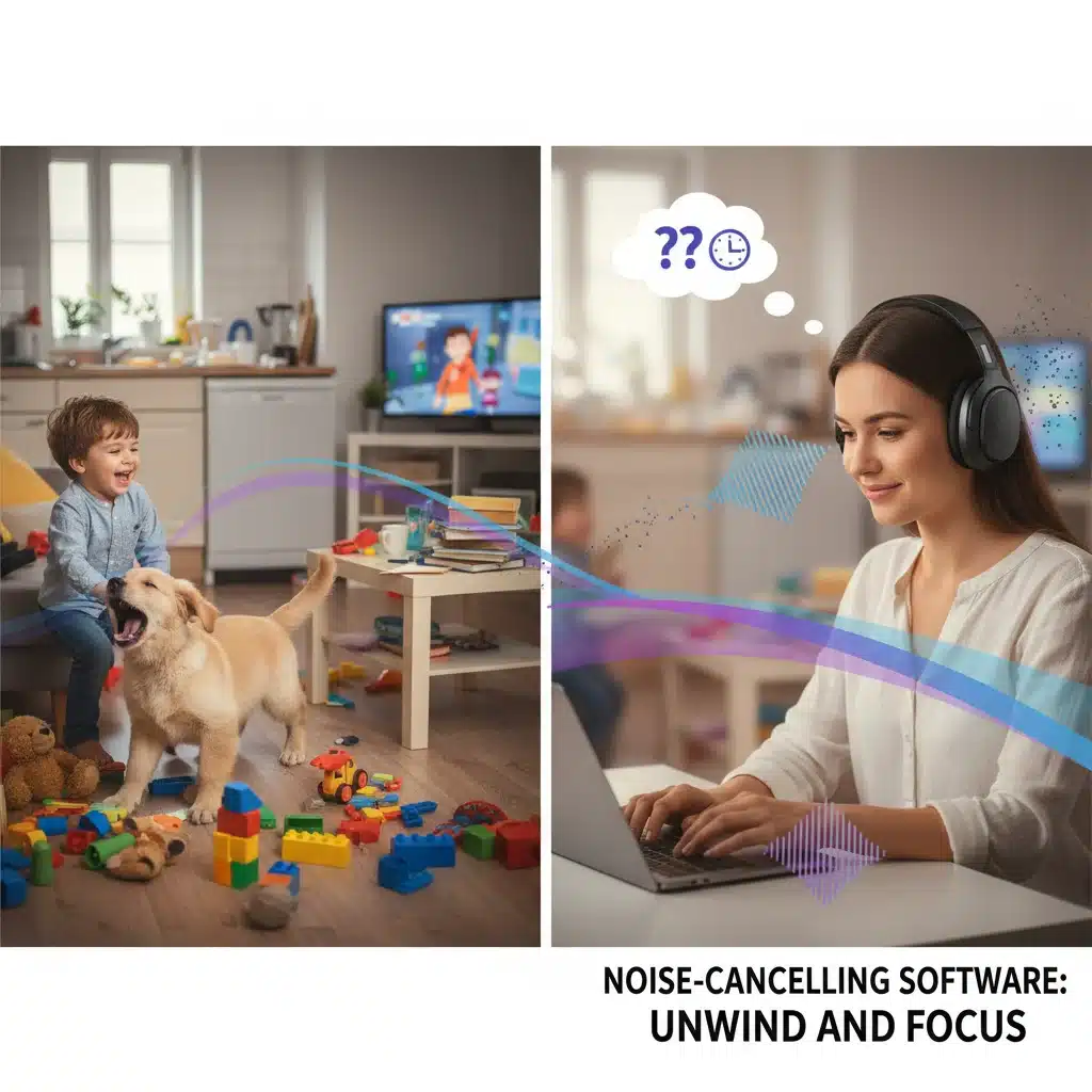 Split screen: chaotic home environment vs. calm, focused remote worker with noise cancellation.