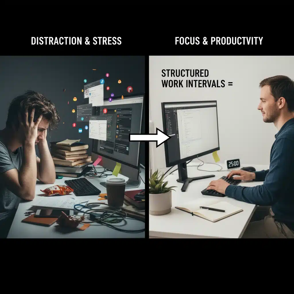 Contrast between distracted and focused work environments, highlighting Pomodoro's benefits