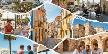 Diverse European cityscapes and remote workers in coworking spaces and scenic locations, representing digital nomad life.