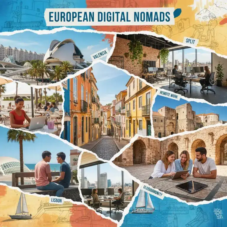 Diverse European cityscapes and remote workers in coworking spaces and scenic locations, representing digital nomad life.