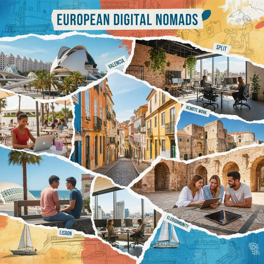 Diverse European cityscapes and remote workers in coworking spaces and scenic locations, representing digital nomad life.