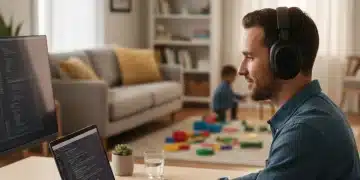 Person focused at laptop with noise-cancelling headphones in a remote work setup.