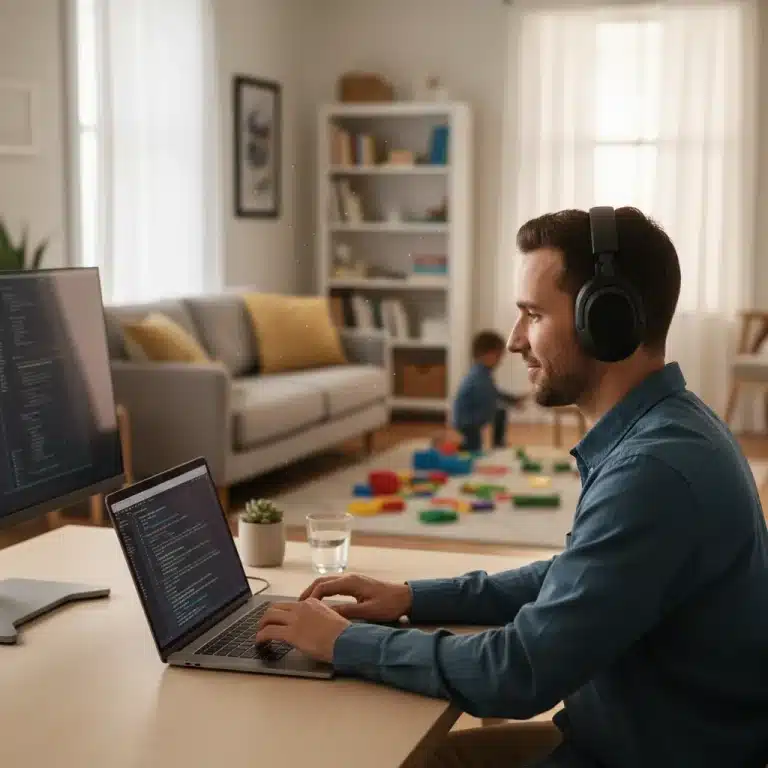 Person focused at laptop with noise-cancelling headphones in a remote work setup.
