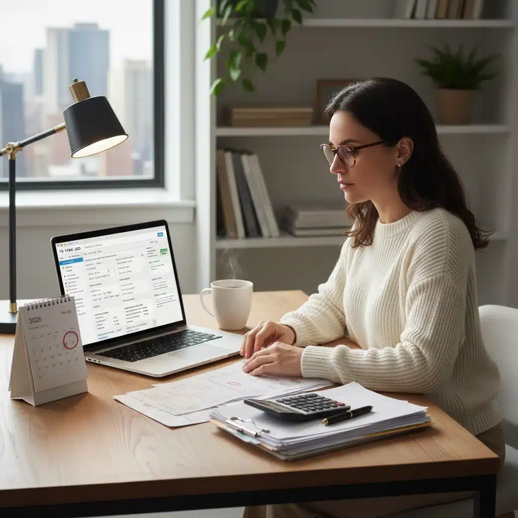 Freelancer reviewing 2026 tax documents for business expense write-offs