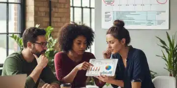 Freelancers reviewing tax documents and financial projections on a tablet in a co-working space, demonstrating proactive estimated tax planning.