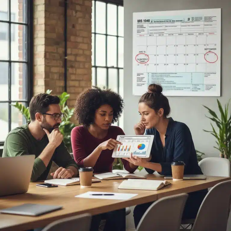 Freelancers reviewing tax documents and financial projections on a tablet in a co-working space, demonstrating proactive estimated tax planning.