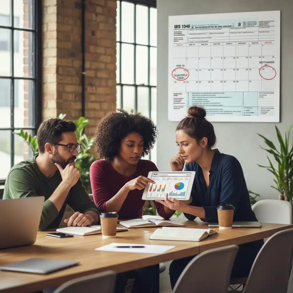 Freelancers reviewing tax documents and financial projections on a tablet in a co-working space, demonstrating proactive estimated tax planning.