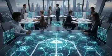 Futuristic project management dashboard with interconnected software for automation.