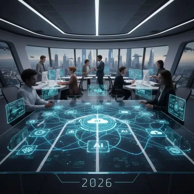 Futuristic project management dashboard with interconnected software for automation.