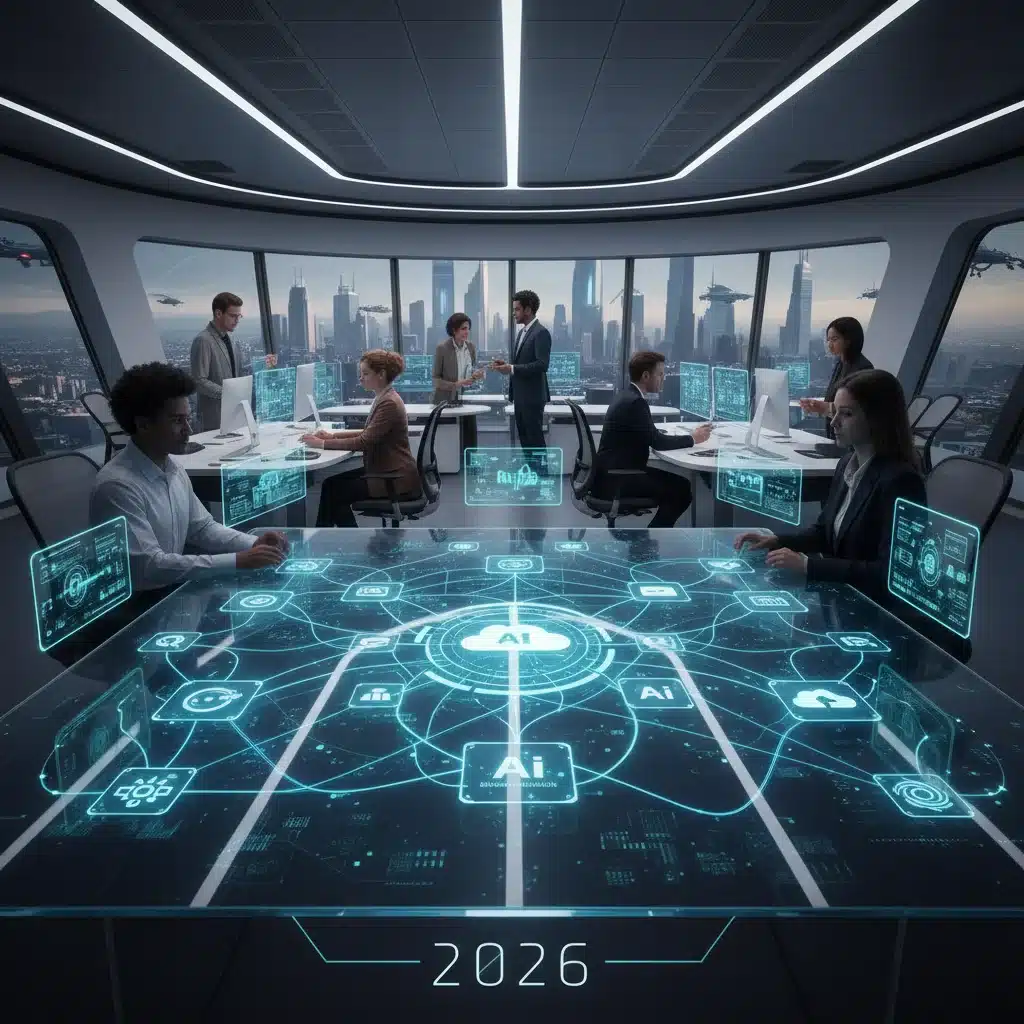 Futuristic project management dashboard with interconnected software for automation.