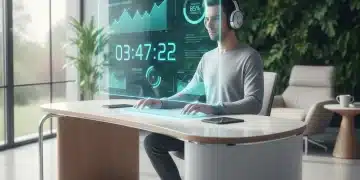 Futuristic remote worker using Pomodoro technique for enhanced productivity in 2026