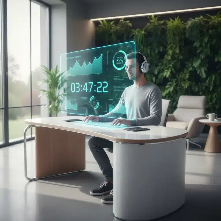 Futuristic remote worker using Pomodoro technique for enhanced productivity in 2026