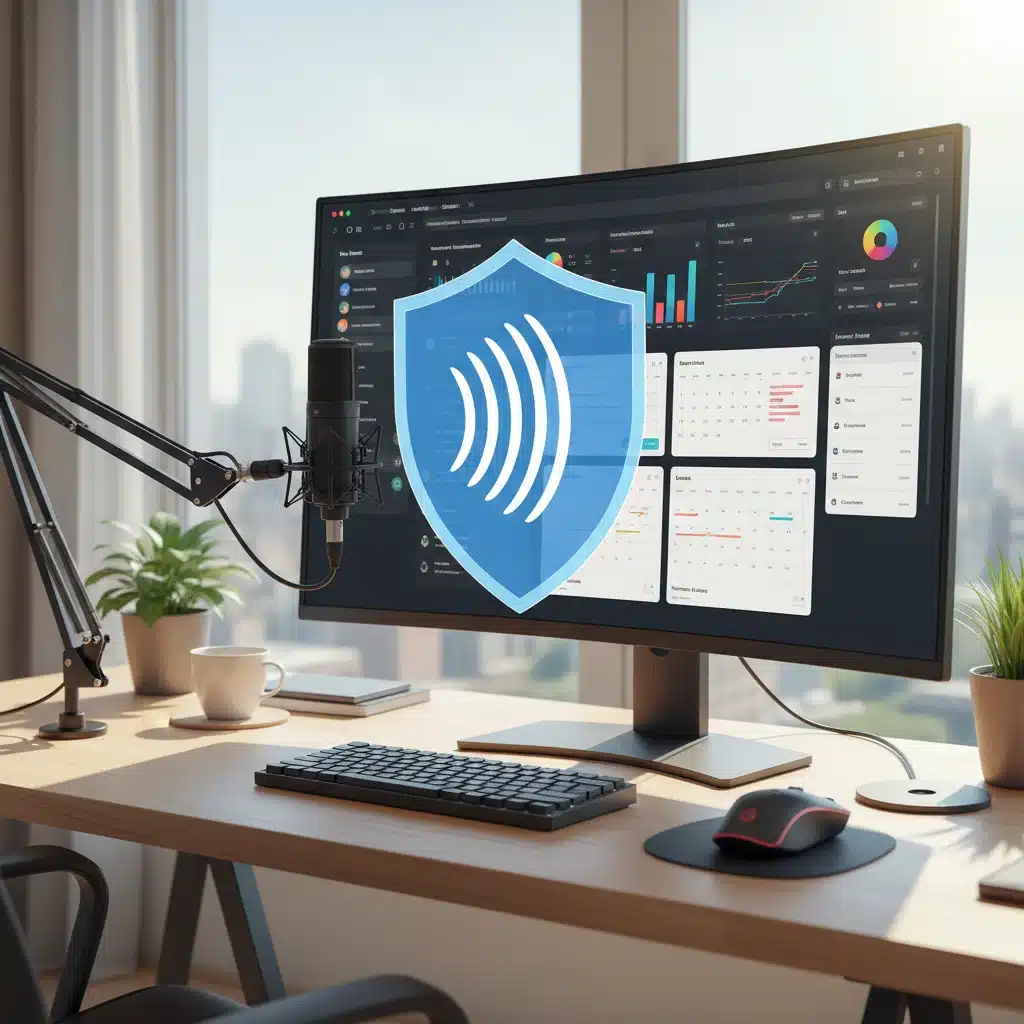 Clean home office setup with productivity software and noise cancellation icon.