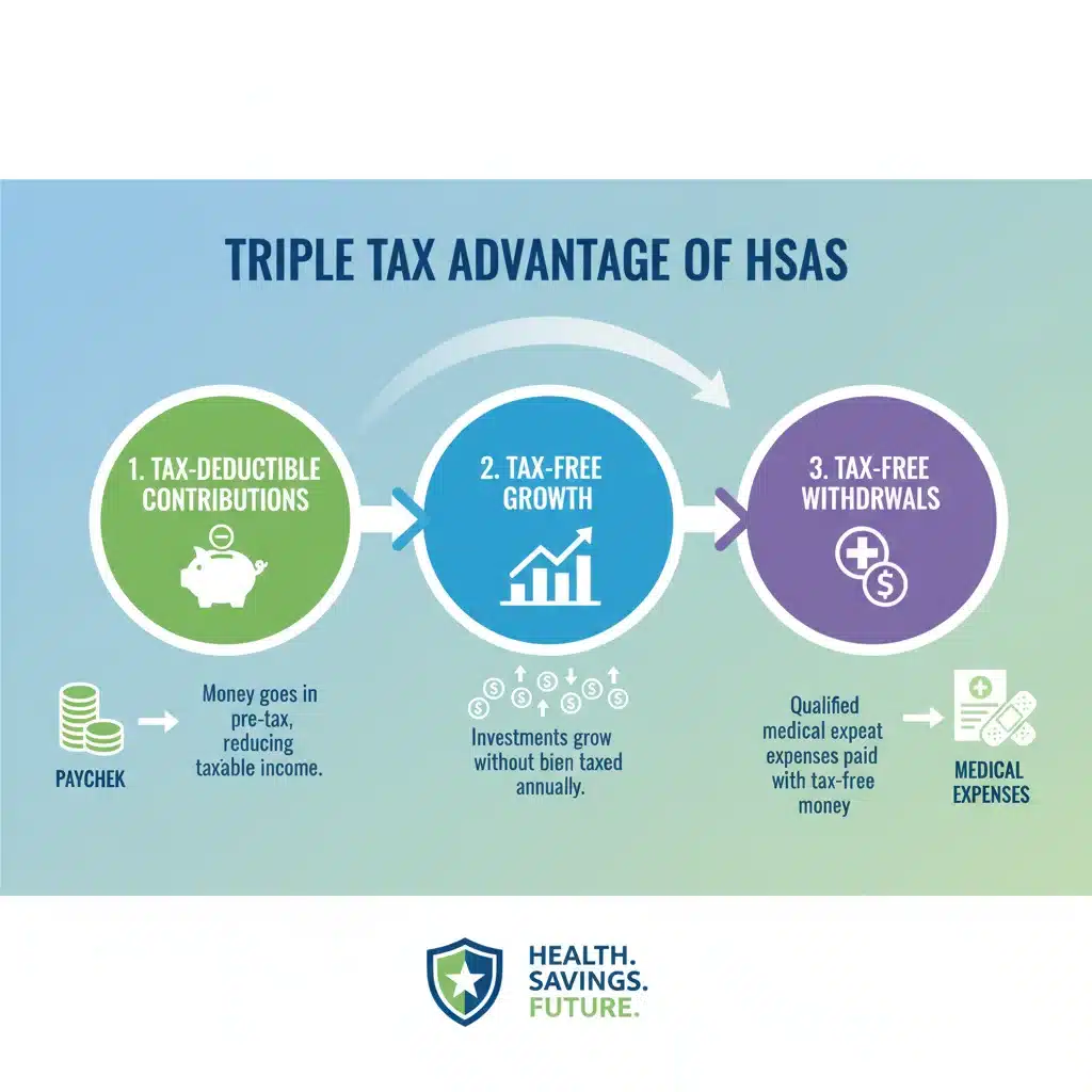 Infographic showing triple tax advantage of Health Savings Accounts
