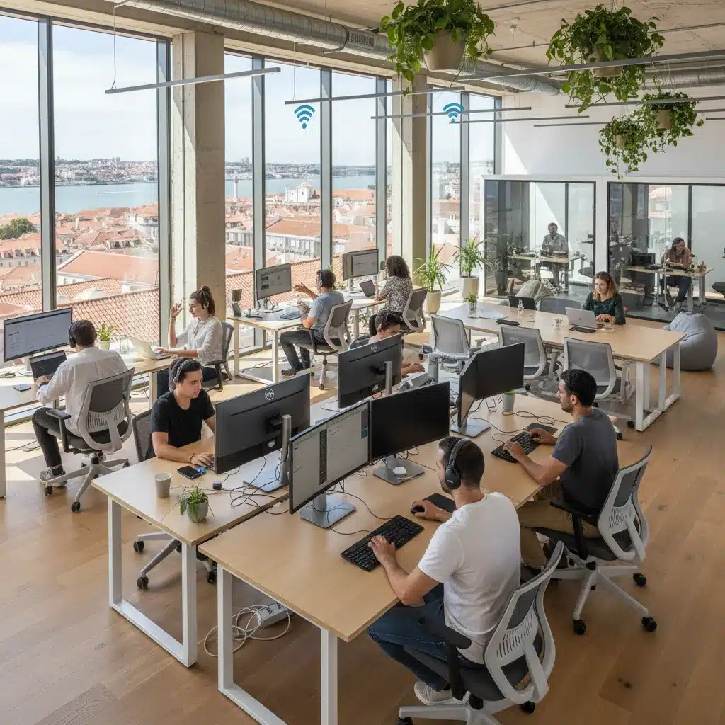 Modern coworking space in Lisbon with digital nomads, ergonomic desks, and city views.
